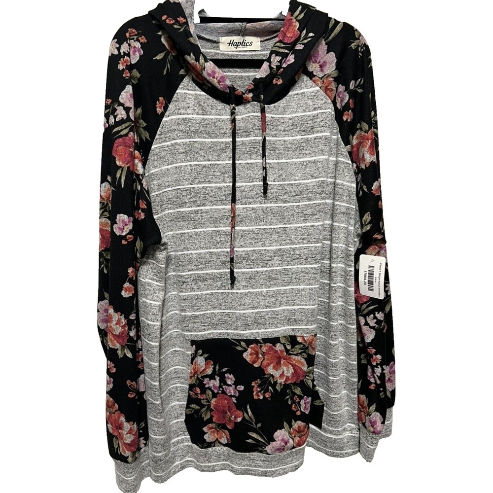 Haptics Women's  Top 2X Hoodie Soft Floral Black Knit Raglan Long Sleeve Relaxed